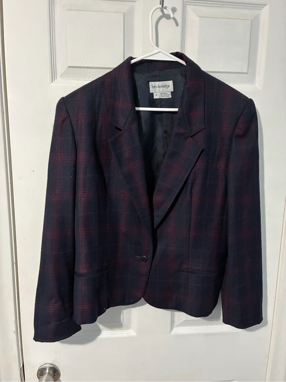 breckenridge Navy and Burgundy Plaid Single-Button Wool Blazer Jacket